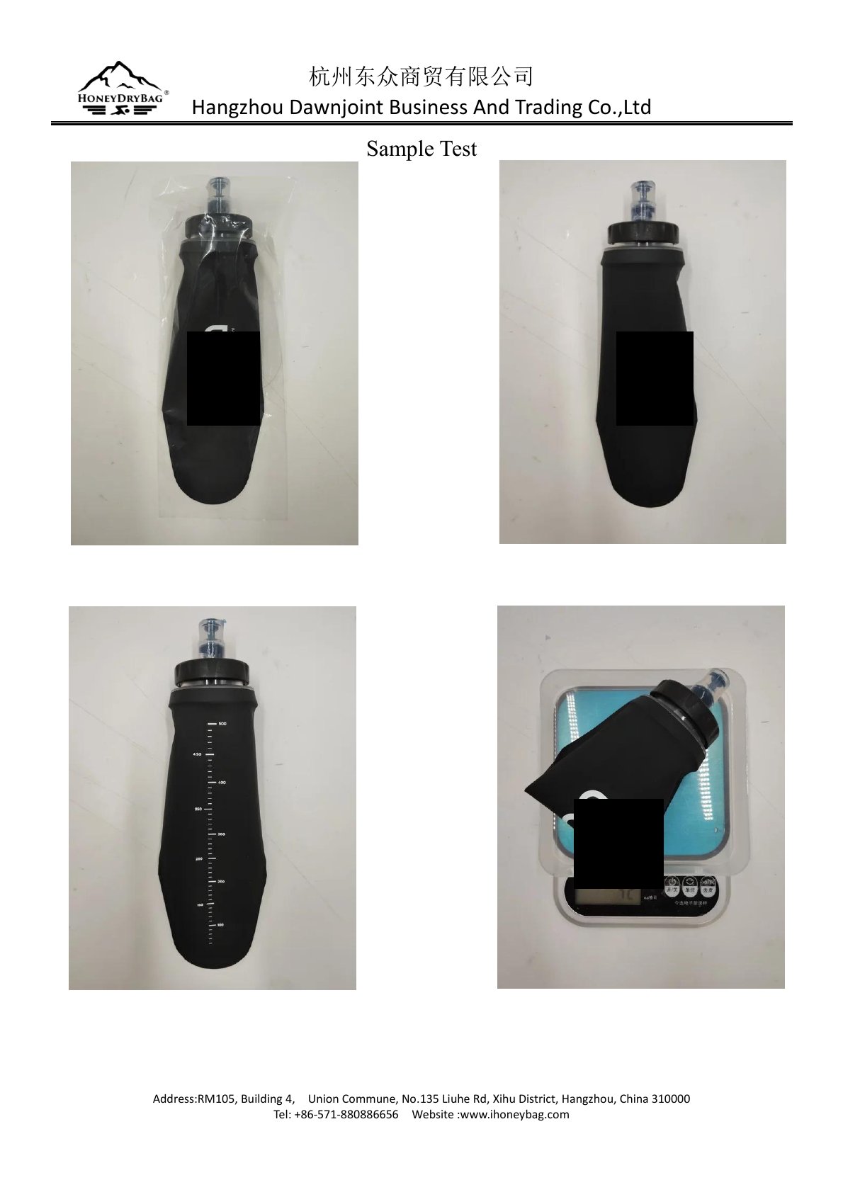 Real custom soft flask sample photographed and weighed during OEM sample inspection