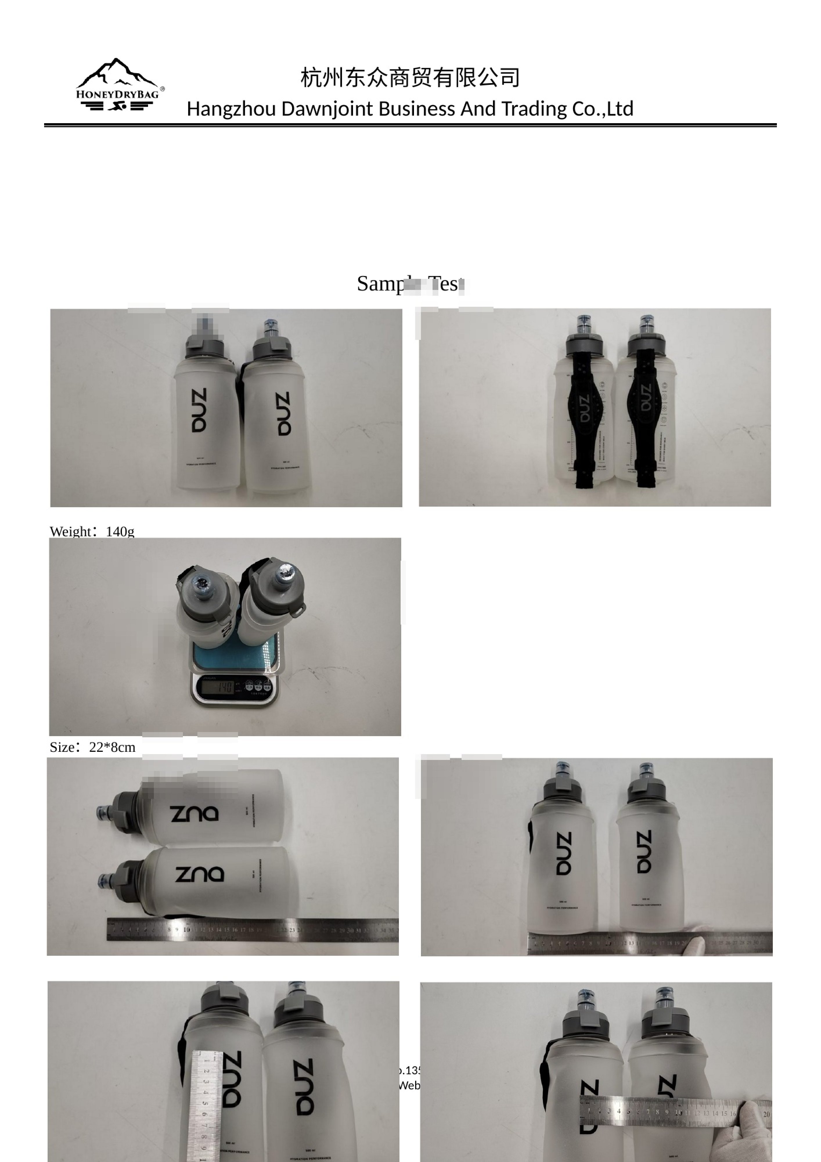 Custom soft flask with hand strap samples weighed and measured during inspection